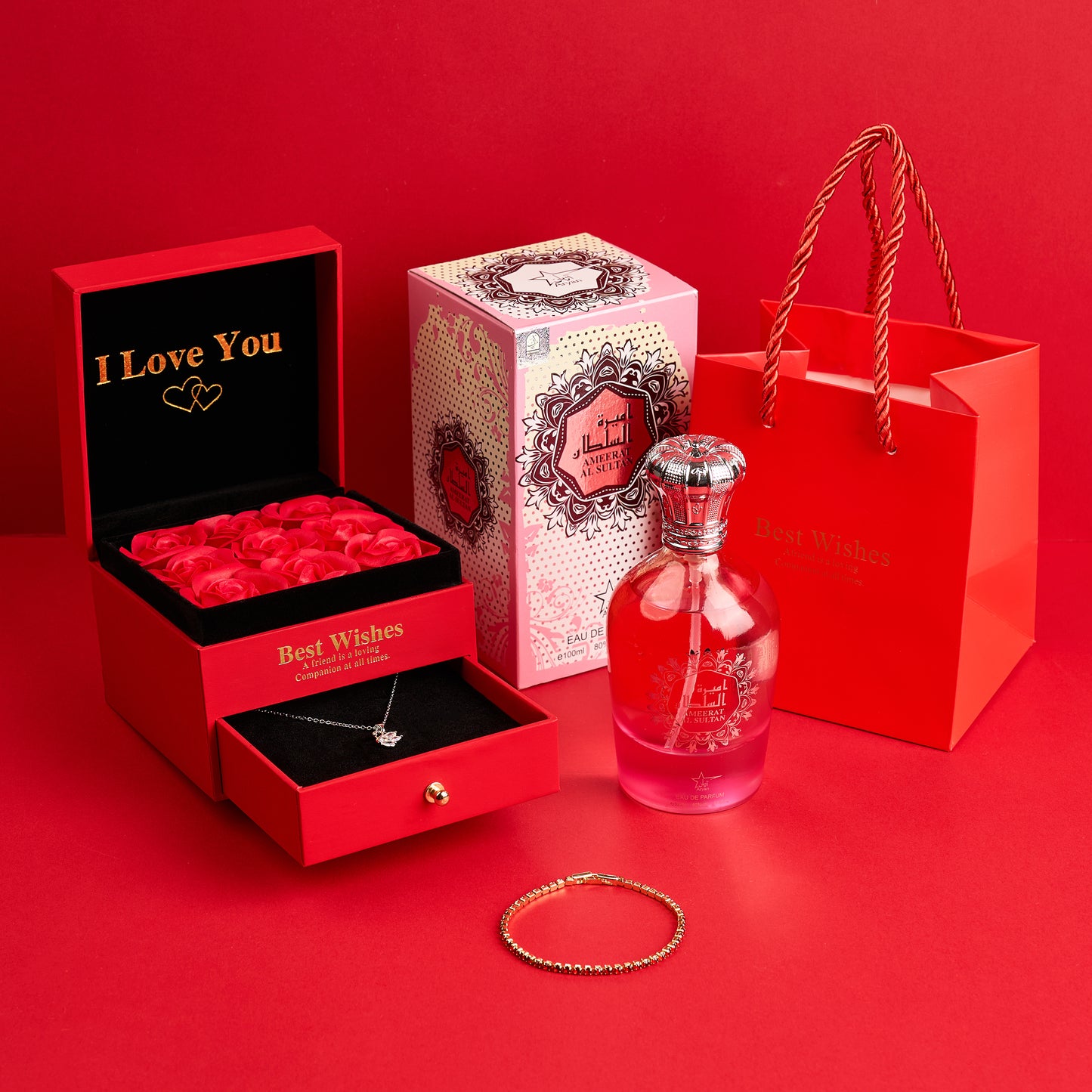 Set Cadou Pentru Ea (2) - Cutie Trandafiri + Bratara + Lant + Parfum Oriental Ameerat Al Sultan