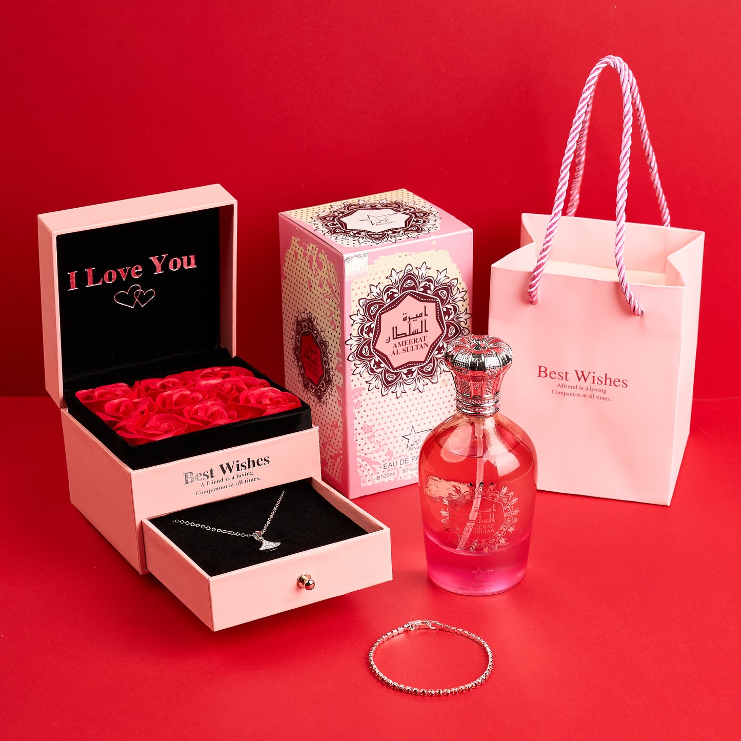 Set Cadou Pentru Ea (2) - Cutie Trandafiri + Bratara + Lant + Parfum Oriental Ameerat Al Sultan